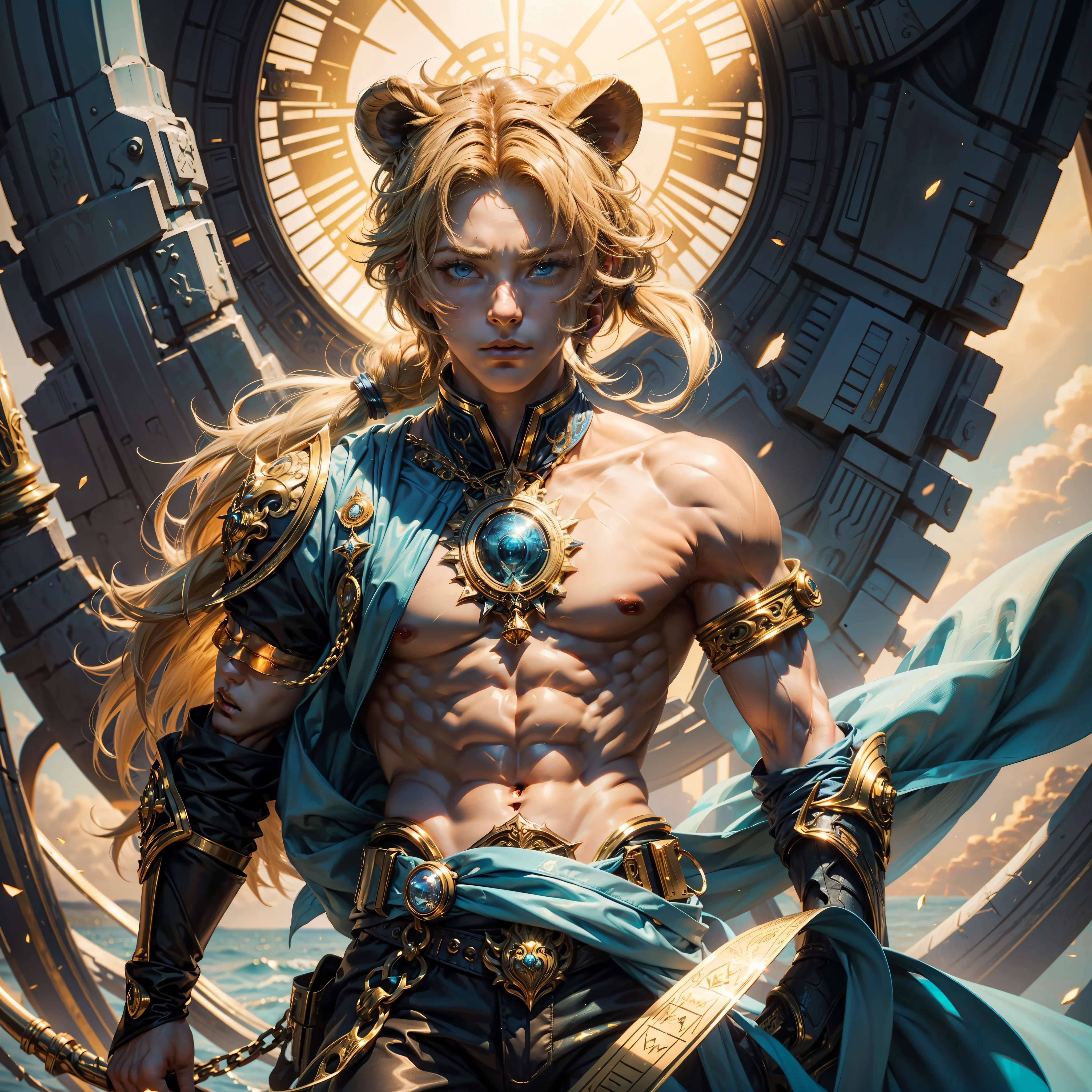 Background with：Magic Golden Leo astrolabe, Blazing golden sun body：A teenager（Don't get angry, Handsome face, Aqua blue eyes, Tufts of blonde hair, A few small pigtails tied, By bangs, The skin is smooth and delicate, True and natural to the touch）, Next to him lies a male lion（Blonde hair, Handsome mane, Mighty and domineering, Ocean blue eyes, Particularly real）, photore, tmasterpiece, ultraclear, Conforms to the anatomy, high detal, high qulity, Colorful, lightand shade contrast, Cinematic lighting effects