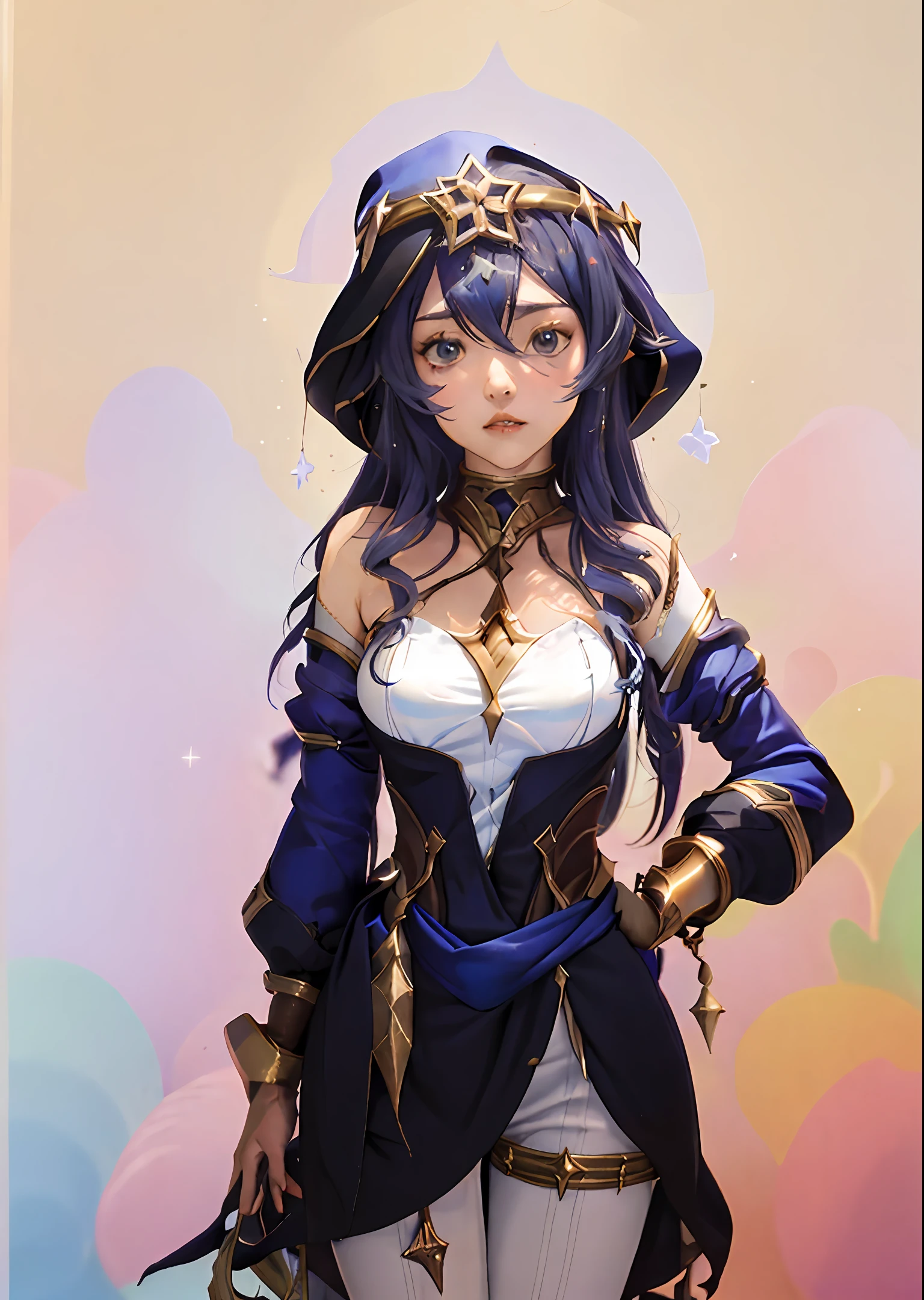 (master part:1.4), (best quality:1.2), Guardian Star Xayah, 1girl, detached sleeves, blue skirt, magical girl, Star Guardian \(league of legends\), egg yolk, black and white hair, upperbody, cowboy shot