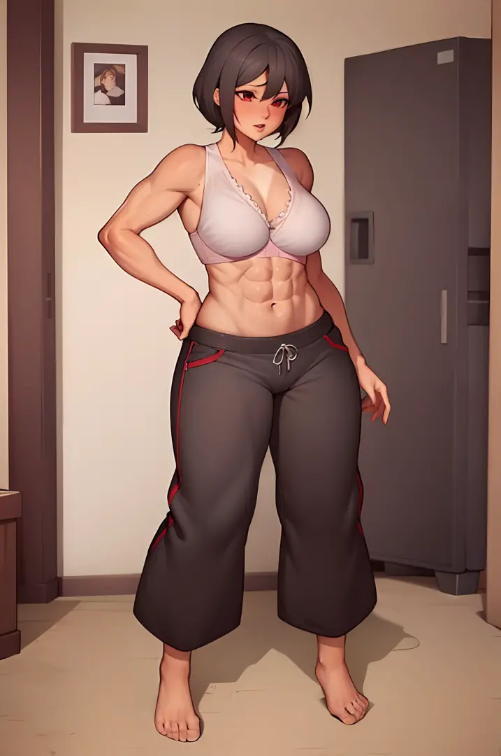 Anime style woman, Standing up, Red eyes, Toned body, Abs, wearing red bra, long baggy pants, Tanlines, ((No shirt)), ((No shoes.)) Haircut: Short: Pixie cut