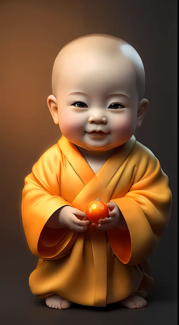 a cute little chinese monk，2 years old，chubby，the round face smiled，wearing a green robe symbolizing buddhism，holding the glowin...