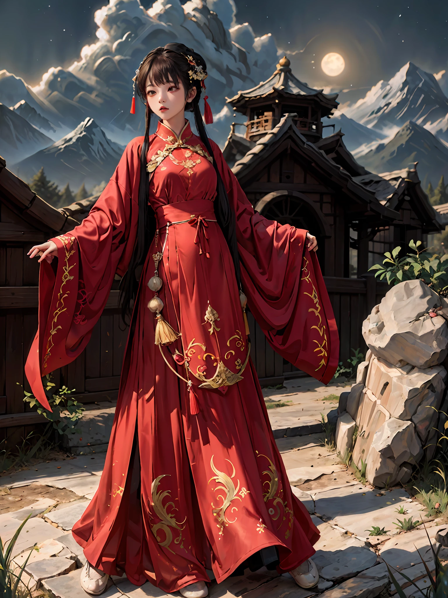absurdesten, highres, Extrem detailliert, (1 Mädchen:1.3), handgemalt, einfache Linie, 16-jähriges Mädchen in rotem chinesischem Hanfu , Meisterwerk, Stehen Sie an der Klippe, Mondlicht, Nachtzeit,