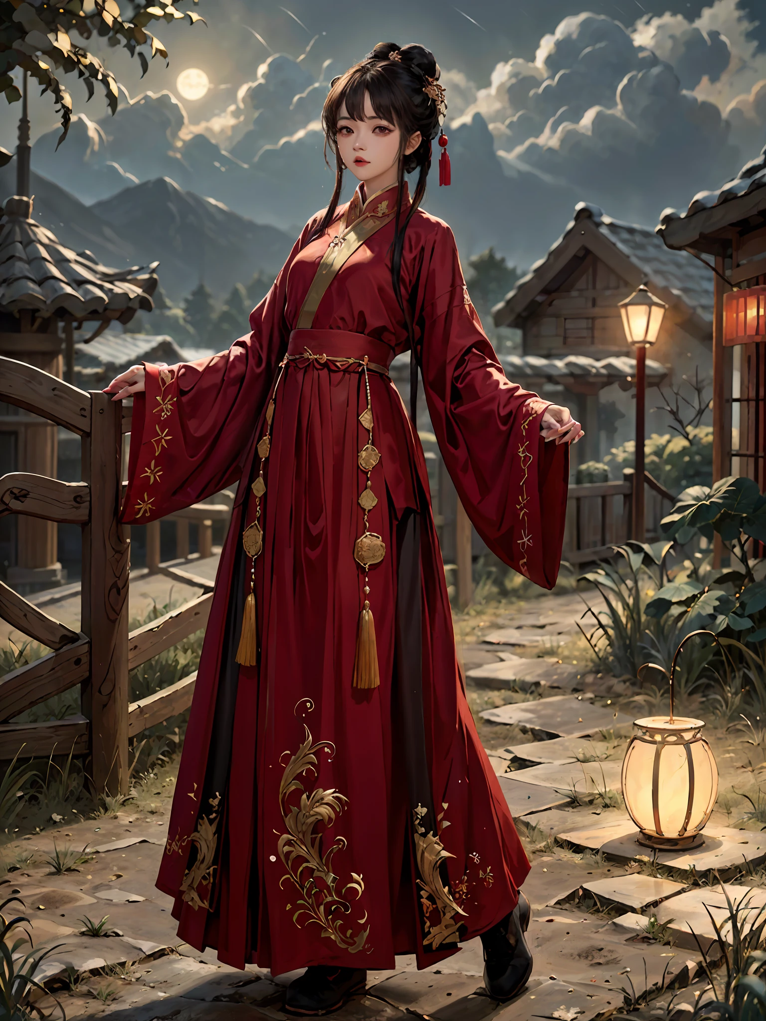 荒謬的, 高解析度, 超詳細, (1個女孩:1.3), 手繪, 簡單的線條, 16歲女童穿著紅色中國漢服 , 傑作, 站在懸崖上, 月光, 夜間,