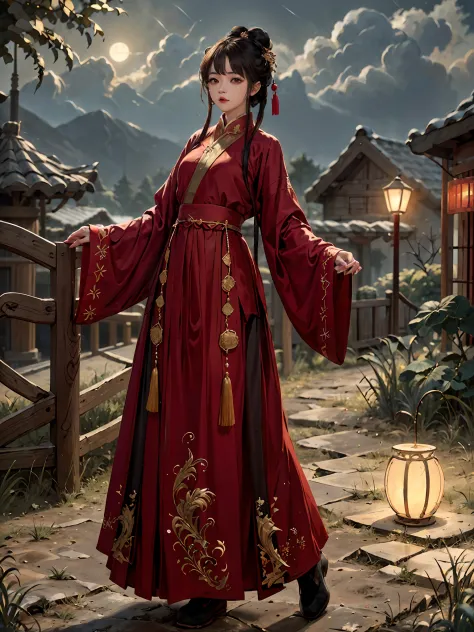 absurdres, highres, ultra detailed, (1girl:1.3), hand drawn, simple line, 16yo girl in red color Chinese Hanfu , masterpiece, stand at cliff, moon light, night time,