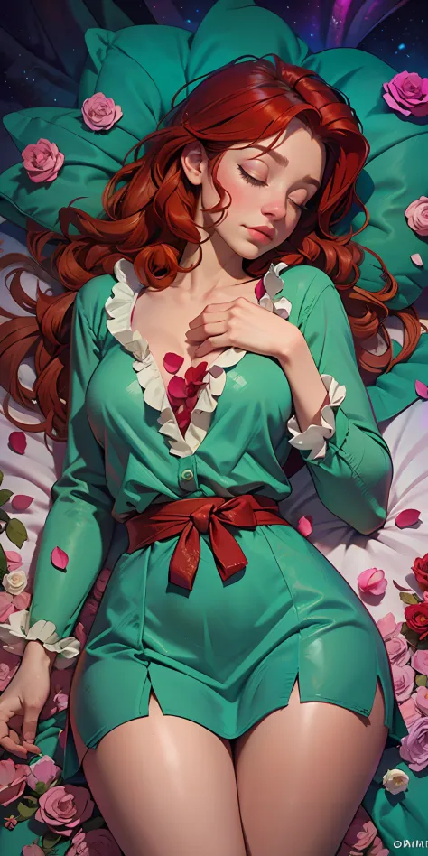 The Sleeping Woman, Realistic, She is dressed in pajamas, red hair color, parallax, Ultra Hyper Mega Contrast, sleeps on a chic ...