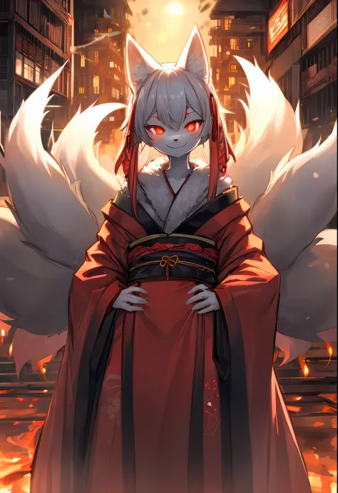 a furry、White Fox Girl、((Glowing red eyes))、((9 tails))、Lustrous smile、Luxurious Japan kimono、Burning buildings、Put your hands o...