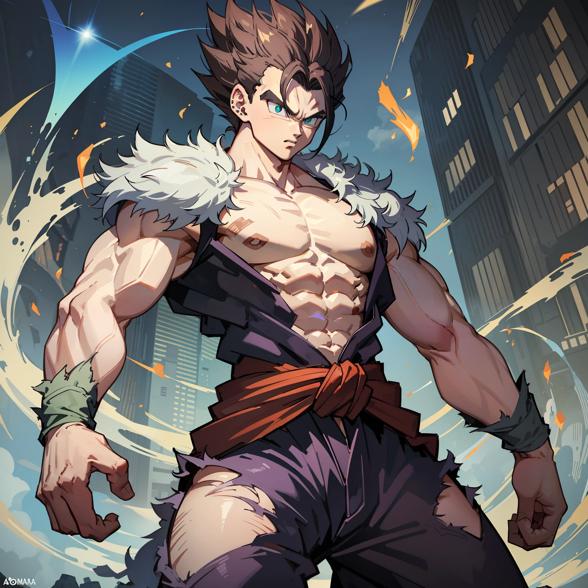 "1 Man, Gohan Beast, sculpted physique, shirtless, white locks, piercing crimson gaze, formidable presence, enveloped in a radiant white aura, emphasis on full body."