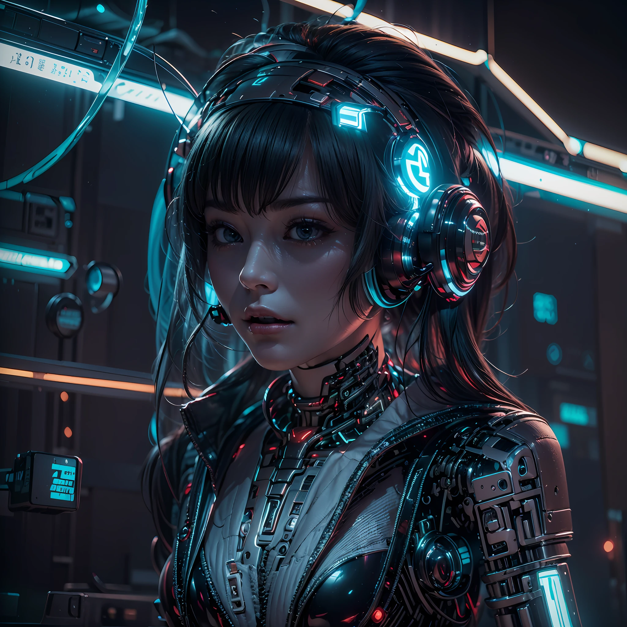 1girll，(cyber punk perssonage:1.3)，Bring headphones，Illuminated helmet and headphones，glowing jewelry，Glowing earrings，Glowing necklace，inside in room，Electronic wire background，best qualtiy，tmasterpiece，Movie filter presetovie level lighting，C4D Rendering，rendering by octane，with light glowing，(full bodyesbian:1.5)，slender leg，perfect foot，High chiaroscuro，