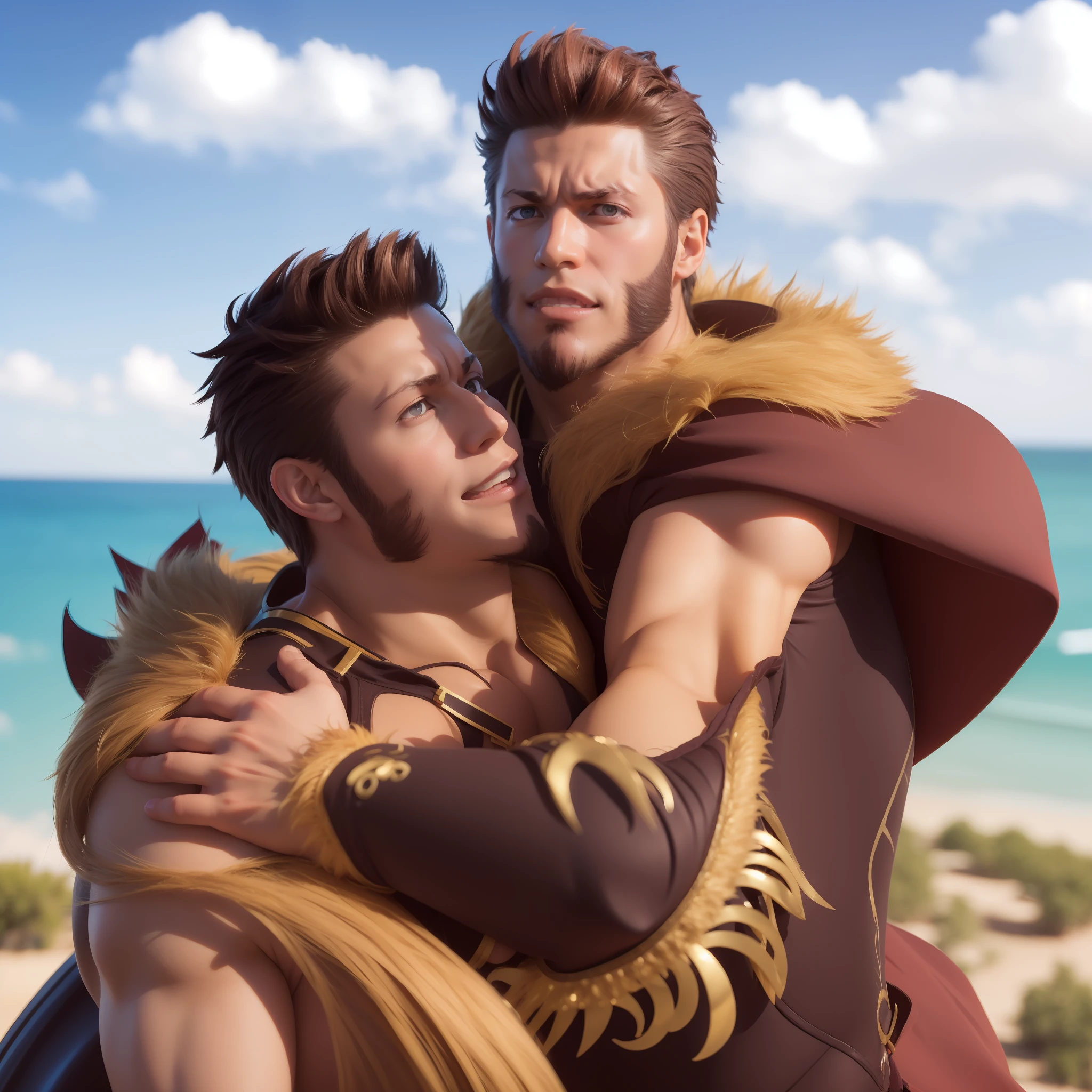 2man,((passionate, romantic),(bara hunk with bulging muscles and rugged features, anatomicly correct),(best quality anime fate)), Napoleon Bonaparte from Fate,iskandar from fate,hugging