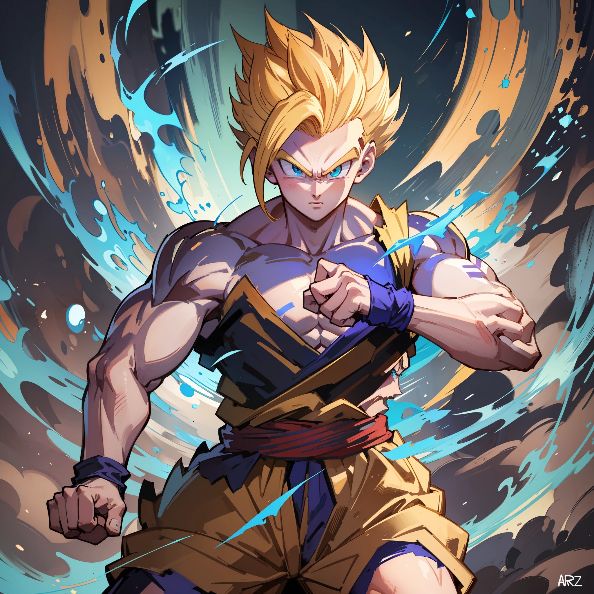 1 homme, Gohan, Forme de bête, musclé, , cheveux blancs, yeux rouges brillants, Intimidant, Aura blanche autour, concentration sur tout le corps