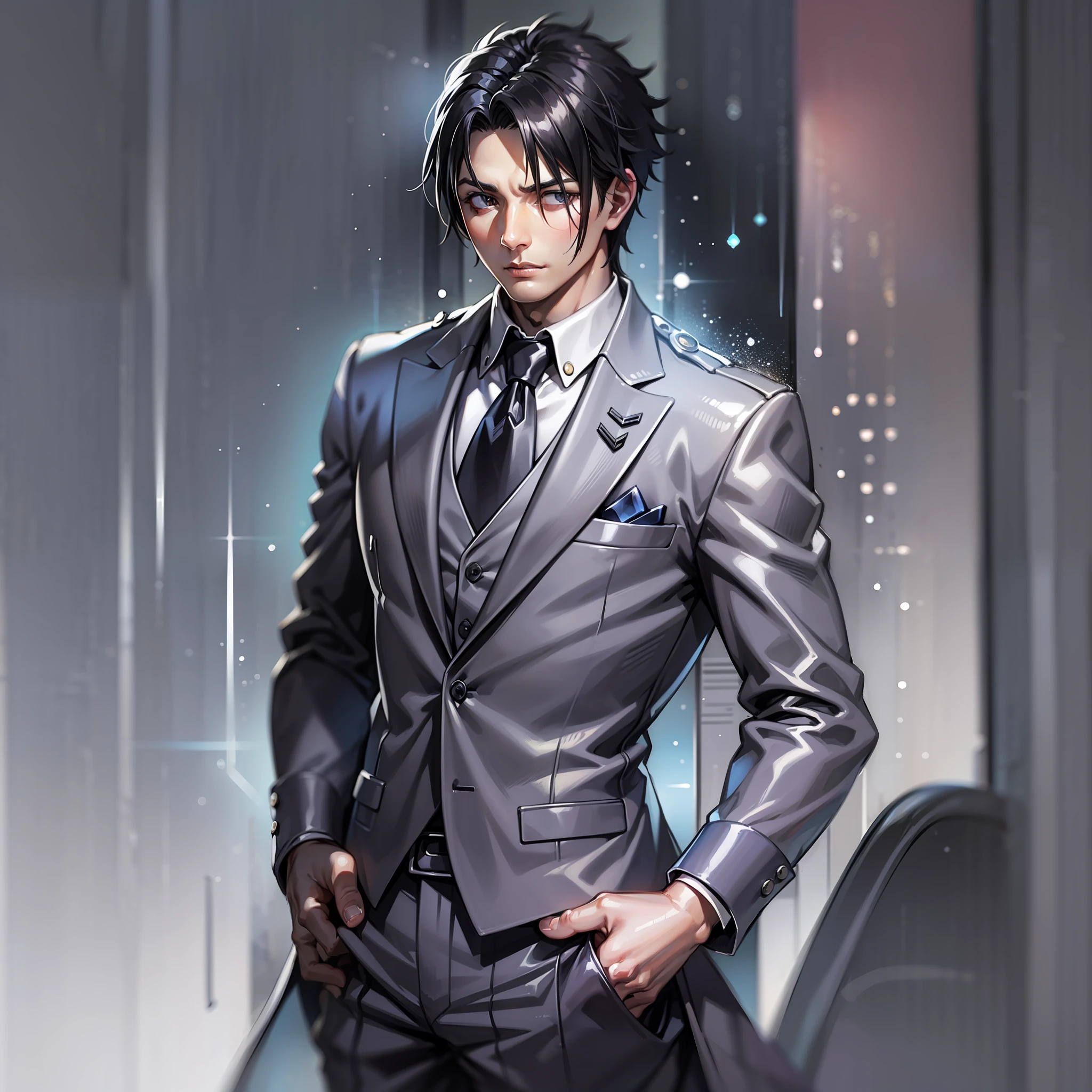 (An artwork of) a mature man with black hair, wearing a stylish suit, standing firm and tall with an elegant demeanor that catches the eye and exudes a calm expression.