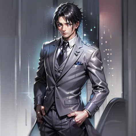 (an artwork of) a mature man with black hair, wearing a stylish suit, standing firm and tall with an elegant demeanor that catch...