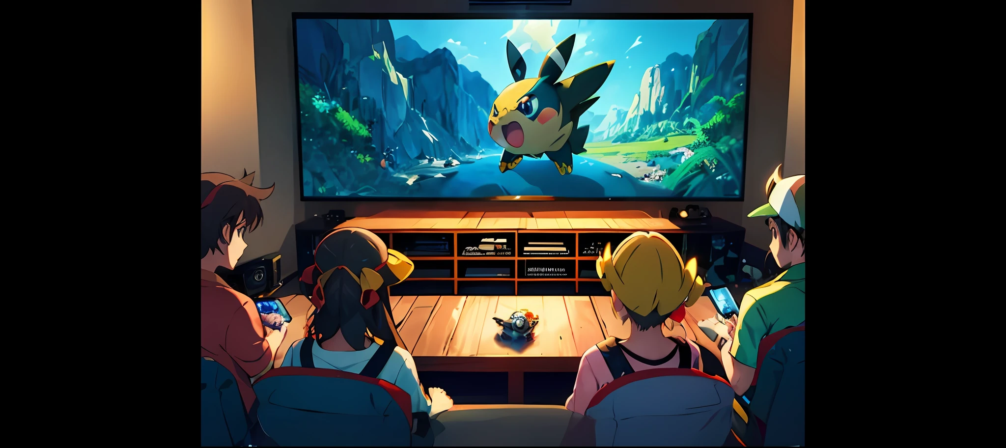 Pokemon go is playing a video game on a big screen - SeaArt AI