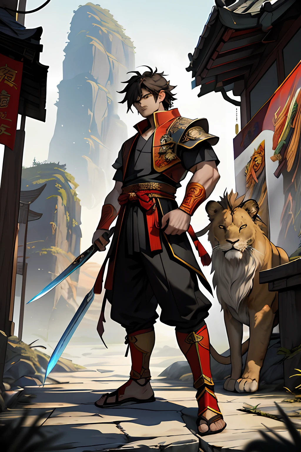 Lion warriors, Full body like，Close-up of lion warrior holding a sword in the city, Determined eyes，Fierce，Akira in Chinese mythology, an epic majestical degen trader, bian lian, by Yang J, Chinese Warrior, fire lion, Son Goku, cgsociety and fenghua zhong, inspired by Li Kan, epic samurai warrrior, Cat Warrior, lord of beasts, Red tattered cloak，Armour，Full body standing painting，Fantasy setting, character concept, character art, Character portrait, Cartoon, Best quality, Best resolution, 4K, Vivid colors, Vivid, High detail, best detail, confident pose, extrovert, look from down, Serious expression