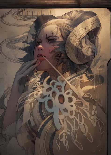 there is a drawing of a woman with a mask and a hat, goddess. extremely high detail, inspired by Yoshitaka Amano, moebius and mohrbacher, inspired by katsuya terada, insanely detailed linework, girl design lush horns, sketchbook drawing, artbook artwork, e...