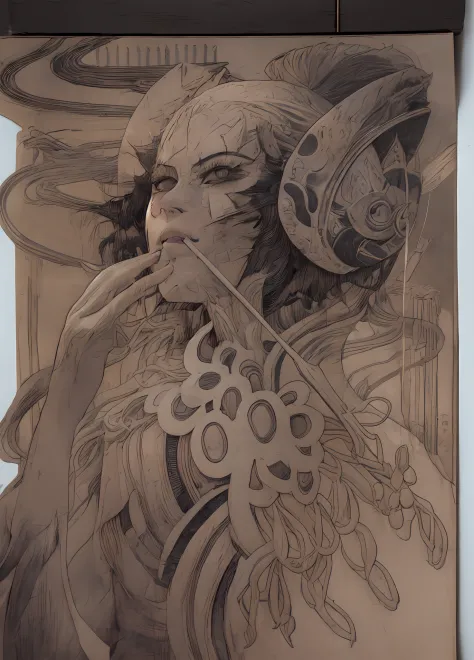 there is a drawing of a woman with a mask and a hat, goddess. extremely high detail, inspired by Yoshitaka Amano, moebius and mohrbacher, inspired by katsuya terada, insanely detailed linework, girl design lush horns, sketchbook drawing, artbook artwork, e...