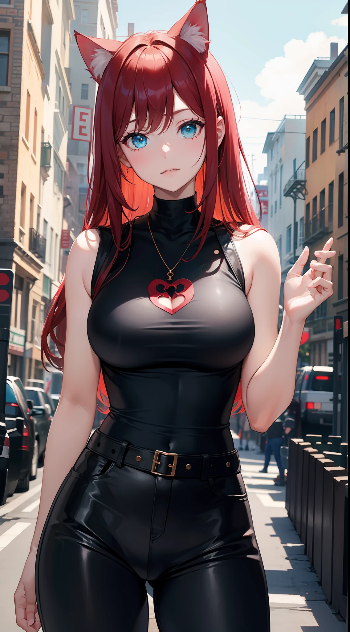 young girl, Long red hair, Cyan eyes, Cat's ears, Black leather t-shirt, Sleeveless, Outdoor Hivot, Tatoo, neckline on the chest, breeches, Masterpiece, hiquality