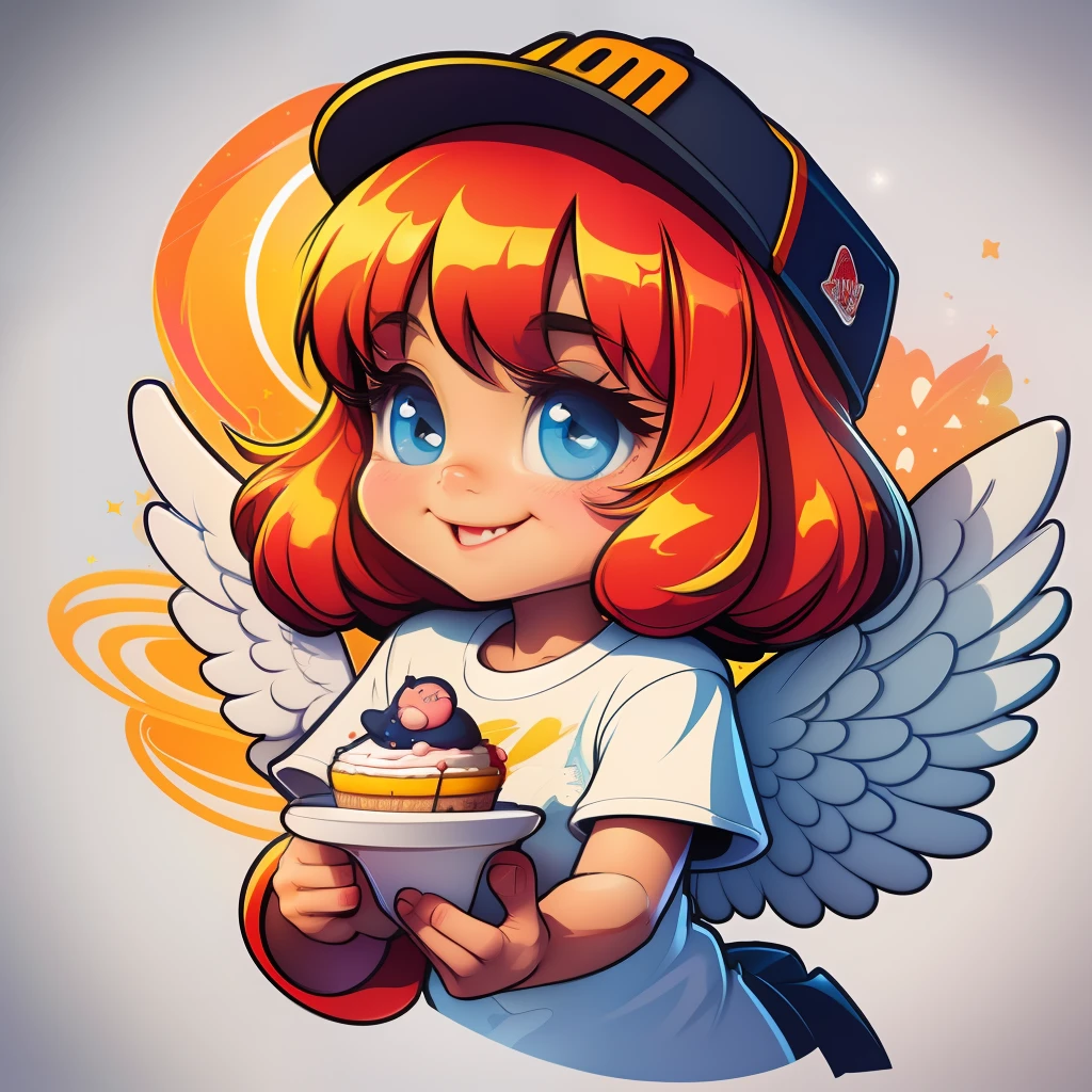 A cute little cake angel，（Best quality at best，cartoony，T-shirt logo），cartoonish style，vivd colour，A high resolution，Bold font，Web printing effect，Stars and constellations theme。