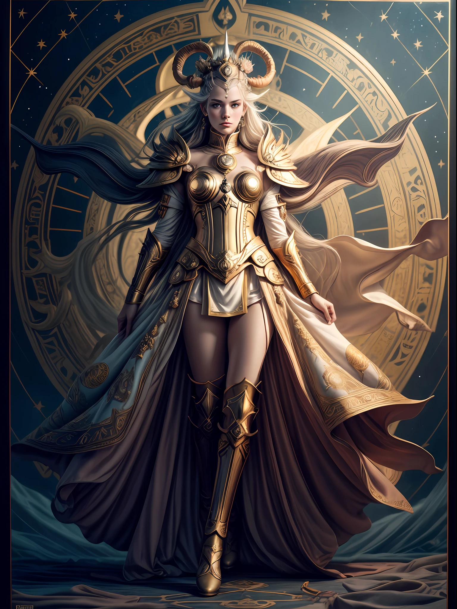 color photo of: A personification of Aries, with a magical golden Aries star chart, a feminized guardian with a sacred ram dharma chakra, divine light, stars, axial symmetry, magnificent background, and God rays in a grand scene. red and gold armor, white cape, horned helmet, barefoot, desert background, determined and protective expression, Canon EOS R5 camera, Ilford Delta 3200 film, 50mm lens, high contrast, Tim Burton, Guillermo del Toro, Neil Gaiman, Alexander McQueen, Vivienne Westwood