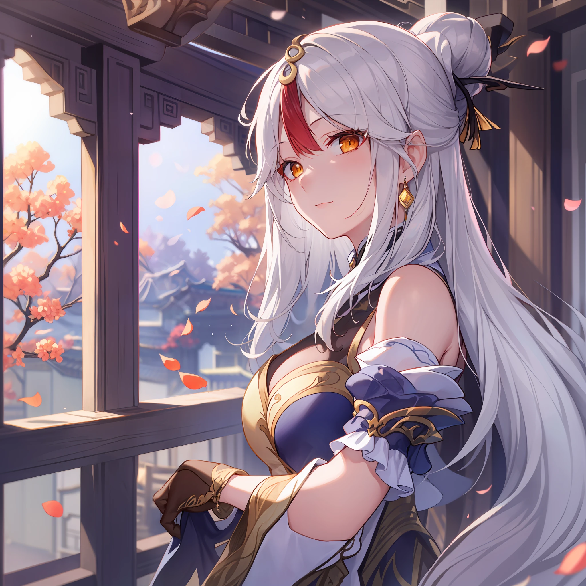 Mature girl, orange eyes, blue-white hair color, floating hair, delicate and flexible eyes, intricate damask hanfu, gorgeous accessories, wearing pearl earrings, fov, f/1.8, masterpiece, ancient Chinese architecture, blue sky, flower petals flying, front portrait shot, Chang'e, side lighting, sunlight on people, 8K