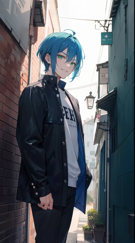 a man, blue hair and green eyes, sharp short hair, wearing a casual cloth, standing in a narrow alley alone, night, badass, masc...