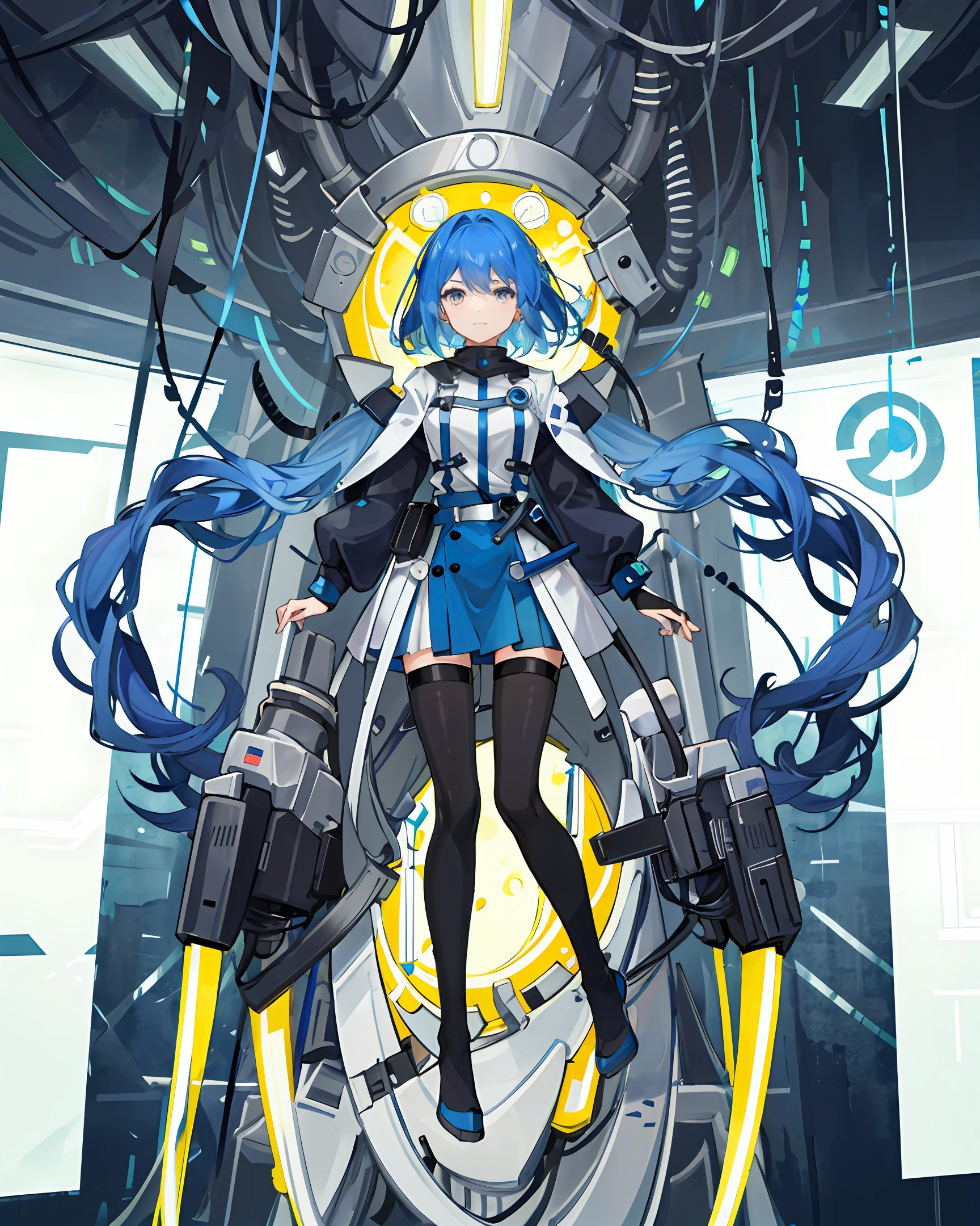 Mechanical two-dimensional girl with blue hair，The whole body is covered in blue clothing，adolable