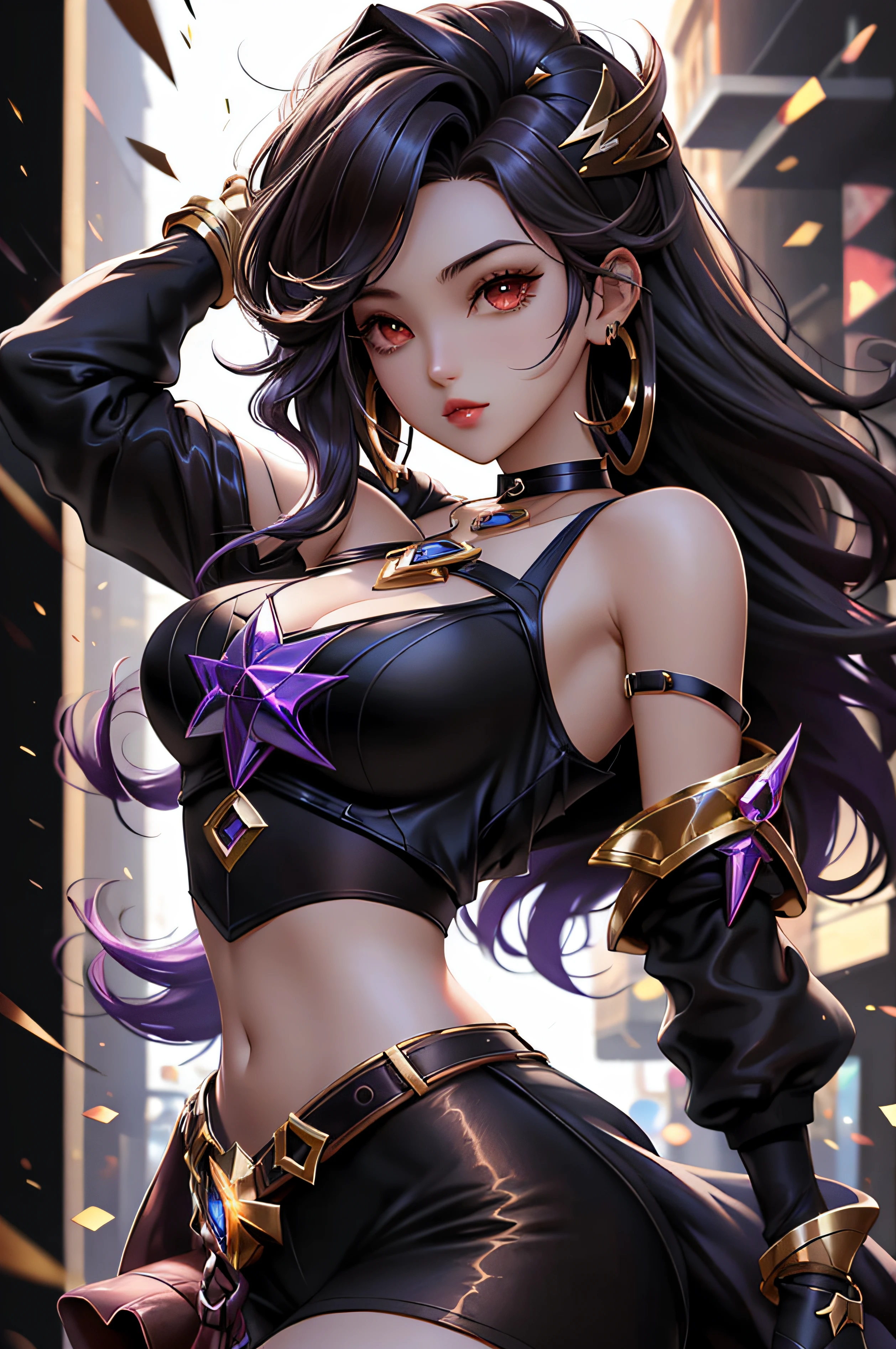 best quality, 1girl, solo, breasts, looking at viewer, kda, upper body, black hair,  brown eyes, GlassSteelAI