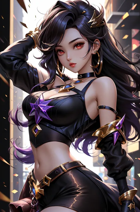 best quality, 1girl, solo, breasts, looking at viewer, kda, upper body, black hair,  brown eyes, glasssteelai