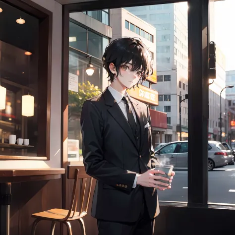 A boy，50yearsold，Three and seven points of short black hair，Brown eyes，dressed in a suit，Taste coffee at a coffee shop，He looked...