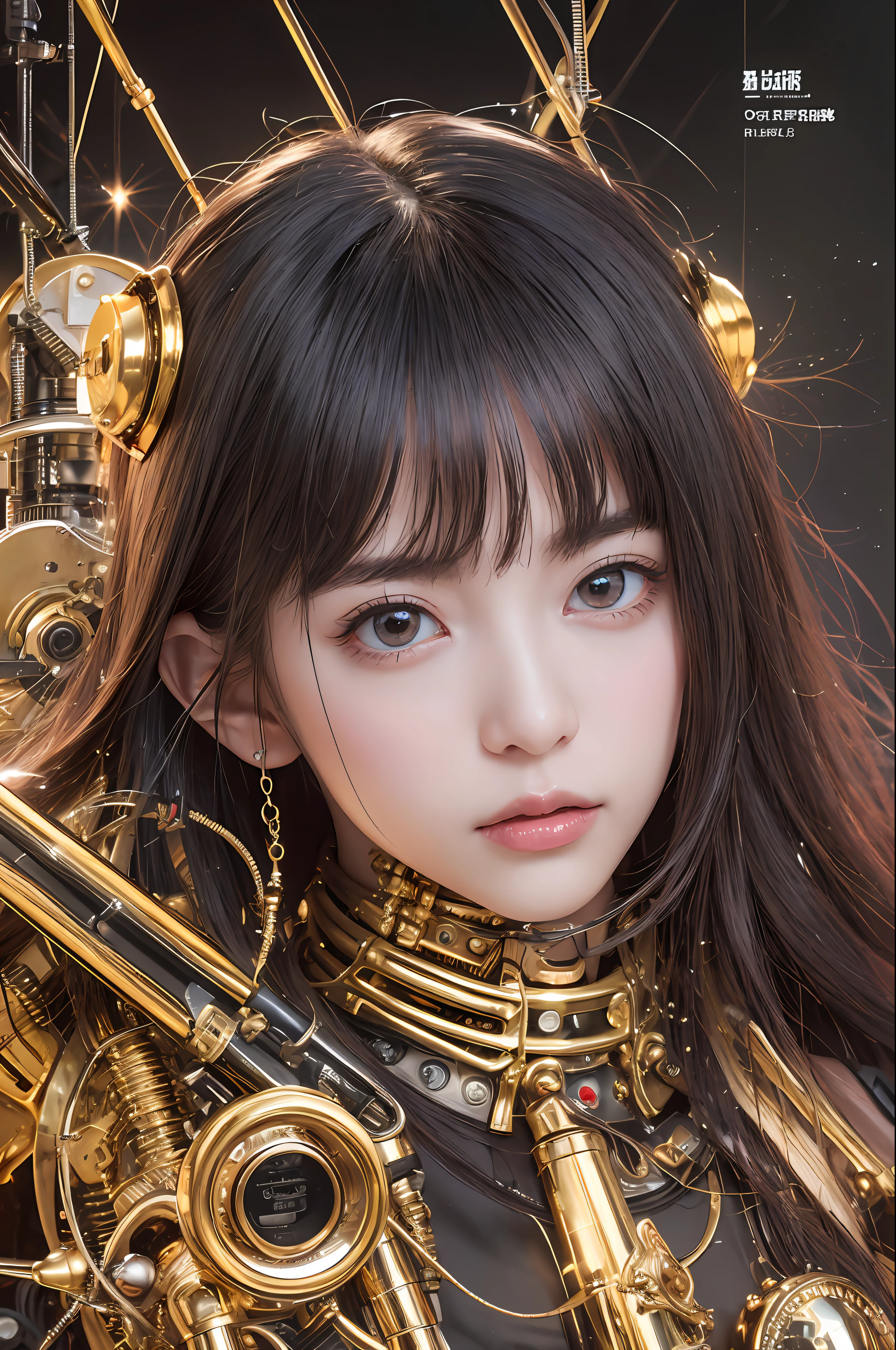 top-quality、​masterpiece、超A high resolution、(Photorealsitic:1.4)、Raw photo、女の子1人、Black hair、glowy skin、1 Mechanical Girl、((super realistic details))、portlate、globalillumination、Shadow、octan render、8K、ultrasharp、character edge light,Colossal tits、Raw skin is exposed in cleavage、metals、Details of complex ornaments、Steampunk details、vacuum tubes、Nixie Kan、Oil pressure gauge、Glass Kan、Analog Meter、gear wheel、gear、Golden hydraulic cylinder、highly intricate detail、Realistic light、CGSoation Trends、a purple eye、radiant eyes、Facing the camera、neon details、Mechanical limbs、blood vessels connected to tubes、Mechanical vertebrae attached to the back、mechanical cervical attaching to neck、sitting on、Wires and cables connecting to the head、Evangelion details、Small LED lamp、