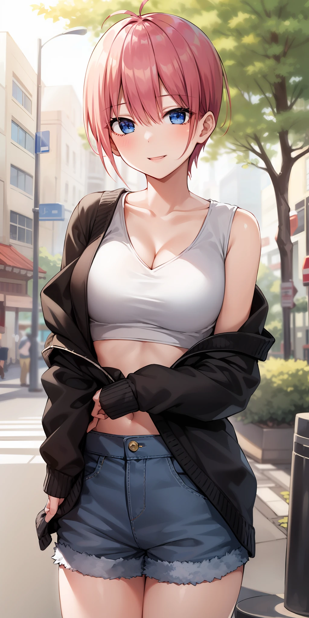 2d, masterpiece, best quality, anime, highly detailed, 1girl, solo, cowboy shot, nakano ichika, pink hair, short hair, cardigan around waist,White crop top, cleavage,Denim shorts, medium breasts, standing, outdoors, smile