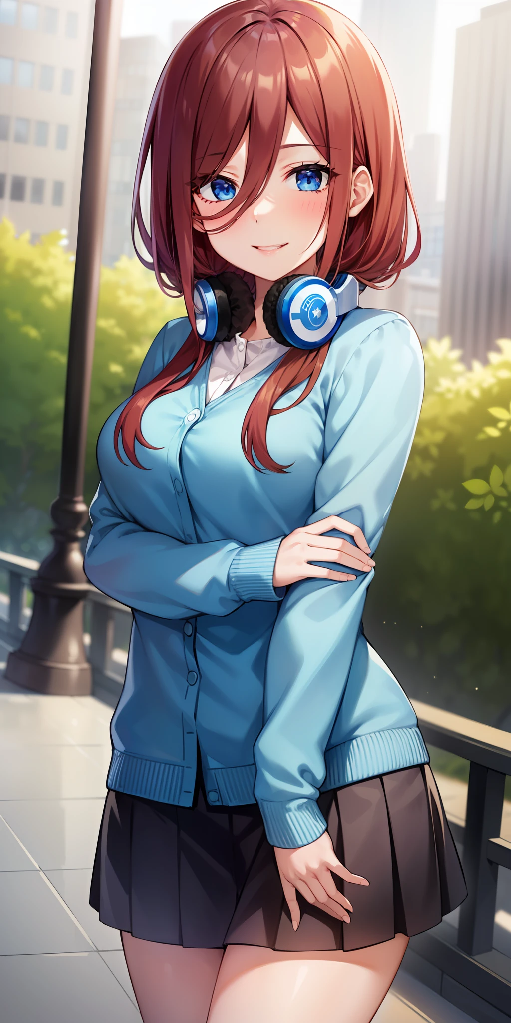 2d, masterpiece, best quality, anime, highly detailed, 1girl, solo, cowboy shot, nakano miku, brown hair, hair between eyes, blue cardigan, headphones, Crop top ,  skirt, miniskirt, medium breasts, standing, , outdoors, smile