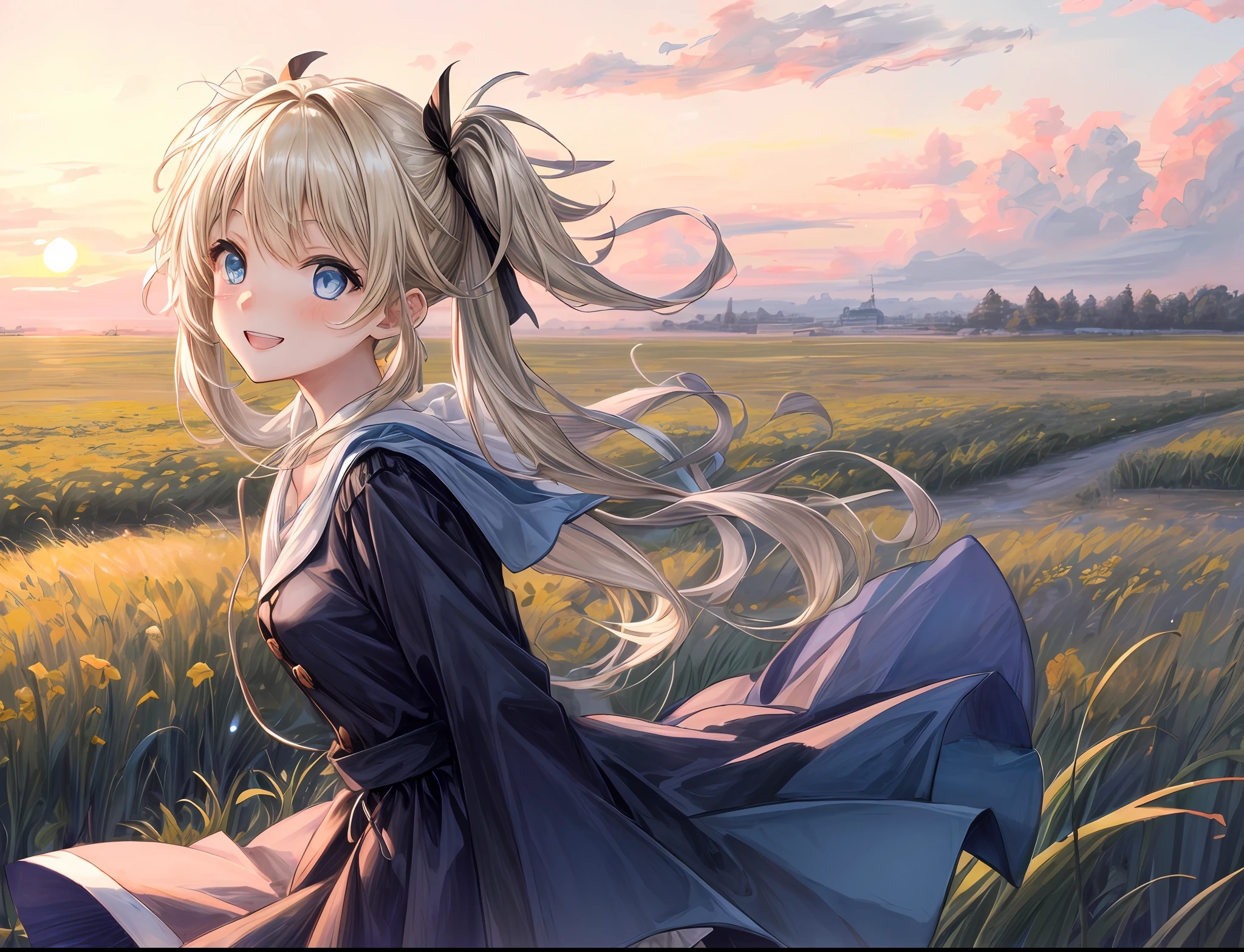 Best Quality, Best Masterpiece, 1 woman, ((((Solo))), From Side, (Platinum blonde short hair:1.5)、(Low twintail:1.6), Smile, Show your teeth, Looking at the camera, bionde, Brown cardigan, checked skirt, Blushing, (field at dusk: 1.3), Big sunset, Orange view, Small necklace, (Hide hands: 1.4),(Deep Blue Eyes:1.4)、Medium Breasted、cowboy  shot