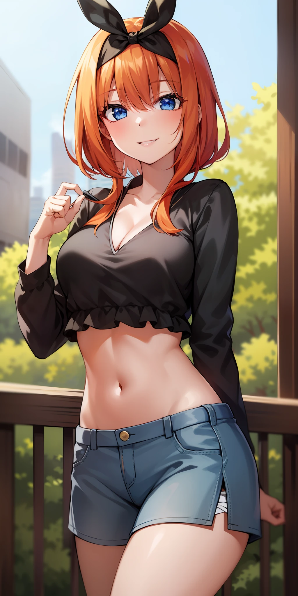 2d, masterpiece, best quality, anime, highly detailed, 1girl, solo, cowboy shot, nakano yotsuba, orange hair, hair bow, crop top, cleavage , miniskirt, medium breasts, standing, , outdoors, smile