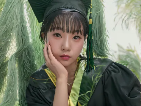 there is a woman wearing a graduation hat and gown posing for a photo, wearing an academic gown, graduation photo, iu, wenfei ye...