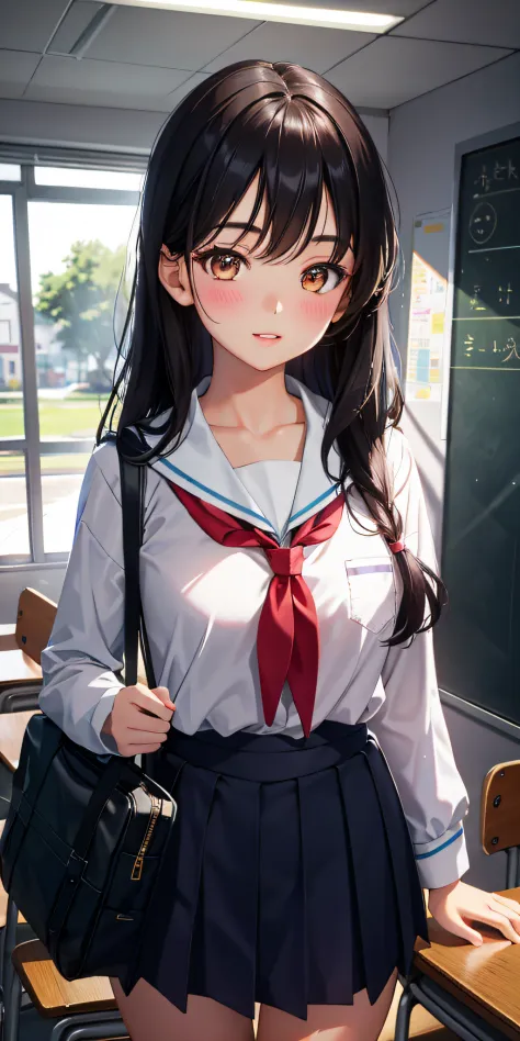 1girl, parted lips, blush, makeup, light smile, school uniform, classroom, school bag, light rays, glow, thighs, collarbone, nar...