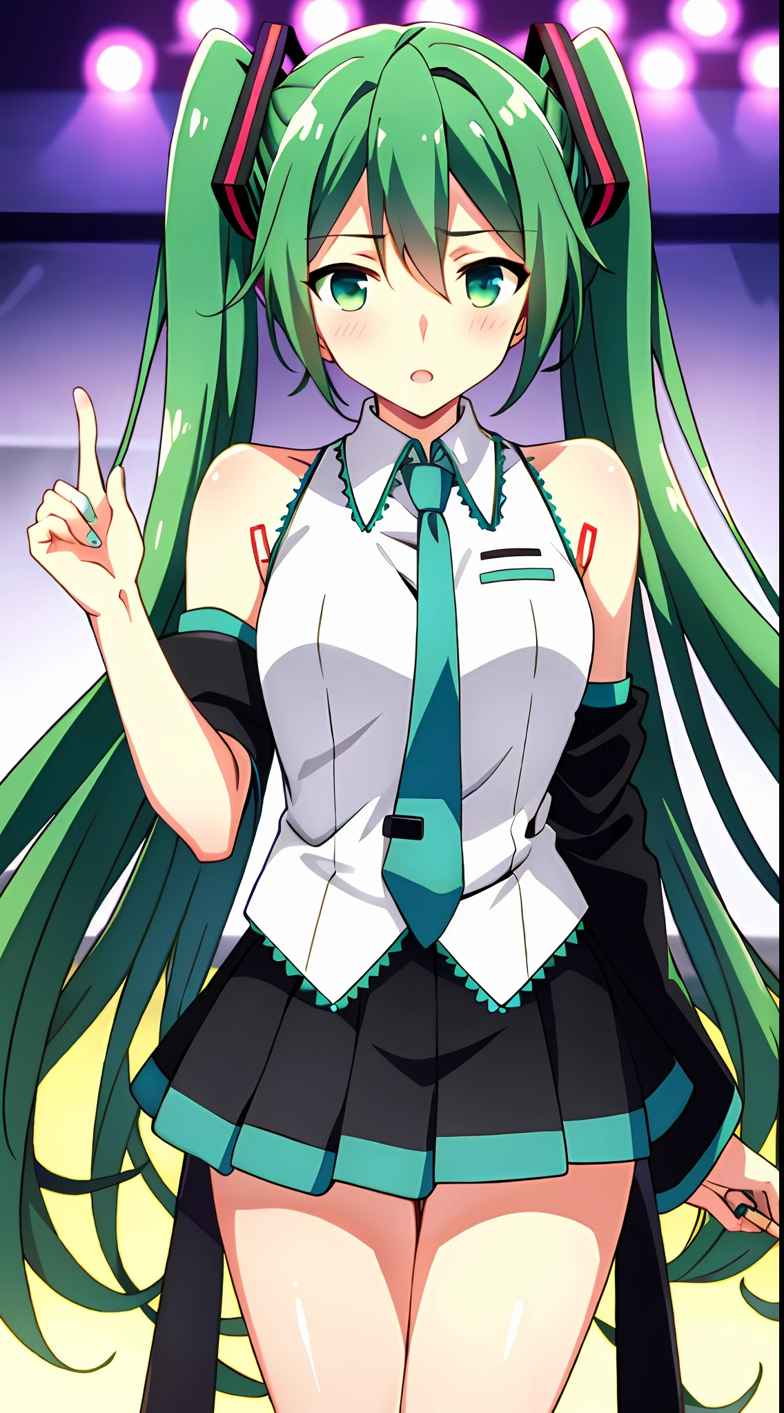 Seios grandes Hatsune Miku，Cantor eletrônico，cabelo verde verde，ombros nus，uma saia preta，manga preta，Separe as mangas，(Blusa de cor branca)，8K，Uma alta resolução，mão perfeita，Dedo Perfeito，olhos verdes，fundo do concerto，Apenas coxas bonitas são expostas，Abra sua boca pequena