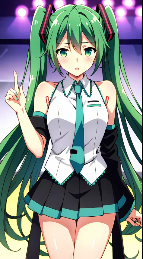 Big breasts Hatsune Miku，Electronic singer，Green green hair，bare shoulders​，a black skirt，black sleeve，Separate the sleeves，(Whi...