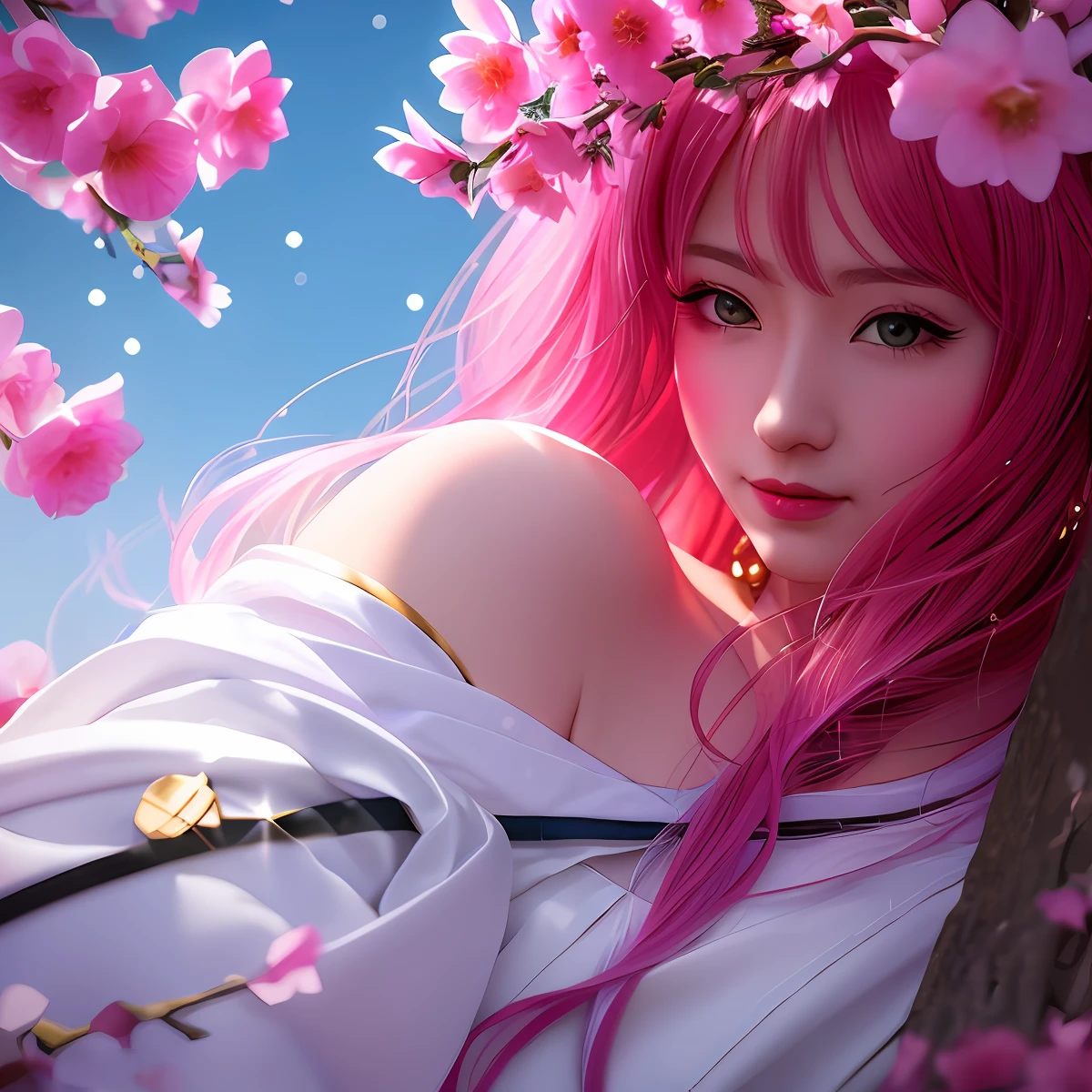 absurderes, Masterpiece, Best quality, (Realistic:1.3), (Detailed), ((in frame)), Best illuminium, Best shadow, finedetail, Depth of field, full bloom, Shine, glistening stars, Perfect lighting, 1girll, ahri, ahri_\(Soyuz_af_legends\), Pink_Hair, Animal_Ear_vellus hair, Animal_hor ears, bangs, Bare_bshoulders, bell, Breasts, cleavage, Facial_Mark, Fox_hor ears, Fox_Girl, Green_komono, Hair_bell, Hair_decorations, A high resolution, Japanese_clothes, komono, Large_Breasts, Soyuz_af_legends, Long_Hair, Looking_at_peeping at the viewer, petals, ribbon, signatures, Smile, Solo, Spirit_Blossom_\(Soyuz_af_legends\), Spirit_Blossom_ahri, Wang_ova_Chou, whisker_labeled, (Outdoor), ((Detailed fancy night)), Daylight, Beautiful sky, Detailed sky, Moon, Moonlight, Starry sky, glistening stars, full bodyesbian