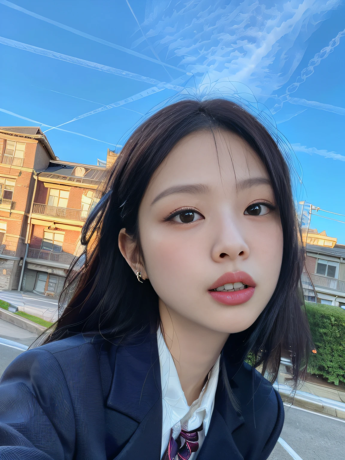 ulzzang-6500-v1.1, (raw photo:1.2), (photorealistic:1.4), beautiful detailed girl, very detailed eyes and face, beautiful detailed eyes, absurd, incredibly ridiculous, huge file size, super detailed, high resolution, very detailed, best quality, masterpiece, kemomimi, jennie face, wearing (((Japanese girls' high school uniform)), illustration, very detailed, CG, unity, 8k wallpaper, amazing, fine details, masterpiece, best quality, very detailed CG unified 8k wallpaper, face light, movie lighting, 1girl, (((dynamic pose))),