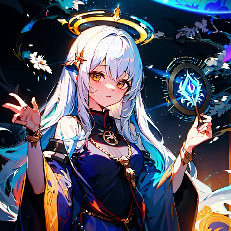 Anime - a stylistic image of a woman wearing a crown and an aura, white-haired god, Anime goddess, npc with a saint's halo, Guweiz in Pixiv ArtStation, Guweiz on ArtStation Pixiv, NPCs and saints\of halos, Guviz-style artwork, shadowverse style, trending o...