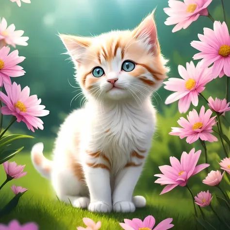 A kitten in a graceful pose、colorful flower々is depicted with。Backgrounds should be in light tones、It has a fluffy atmosphere。kittens' eyes are big and adorable、The coat is softly painted.。Subtle light kitten and flowers々Illuminating。The kitten's expression...