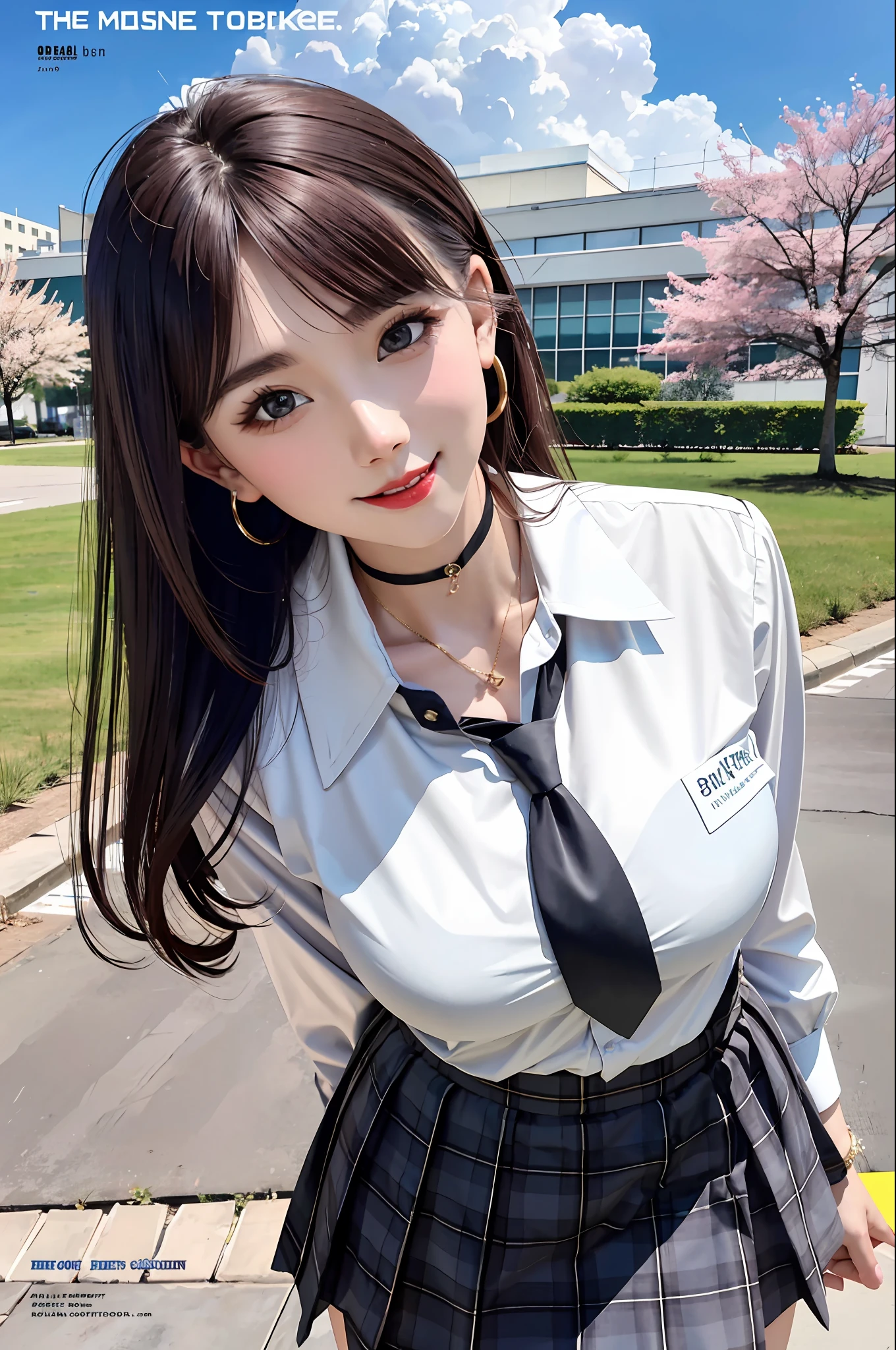 masterpiece, best quality, full body, 1girl, bangs, black choker, black necktie, black hair, blue skirt, blush, bracelet, breasts, choker, clothes around waist, collarbone, collared shirt, cowboy shot, dress shirt, ear piercing, eyebrows visible through hair, gradient hair, grin, gyaru, jewelry, kogal, long hair, looking at viewer, loose necktie, necktie, piercing, plaid, plaid skirt, pleated skirt, red eyes, ring, school uniform, shirt, skirt, smile, solo, white shirt, street, sky, cherry blossoms, petals,illustration, (magazine:1.3), (cover-style:1.3), fashionable, woman, vibrant, outfit, posing, front, colorful, dynamic, background, elements, confident, expression, holding, statement, accessory, majestic, coiled, around, touch, scene, text, cover, bold, attention-grabbing, title, stylish, font, catchy, headline, larger, striking, modern, trendy, focus, fashion,