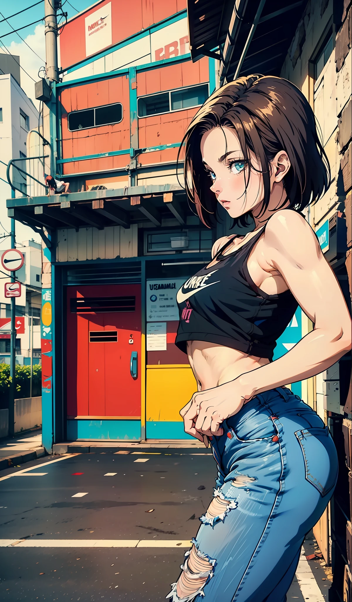 android 18, very sensual, with funk girl clothes, Brazilian, In Rio de Janeiro city, brazil, dancing funk, rolling, big-ass, legs thick, wearing extremely short denim shorts, wearing a mini blouse, umbigo com pirsing, sneakers Nike, longye hair, Speaker behind, fully body, very realistic, extremely sexy, 8K, 8K extremamente detalhado), (an extremely delicate and beautiful), (Masterpiece artwork), (best qualityer: 1.0), (ultra highres:1.0)