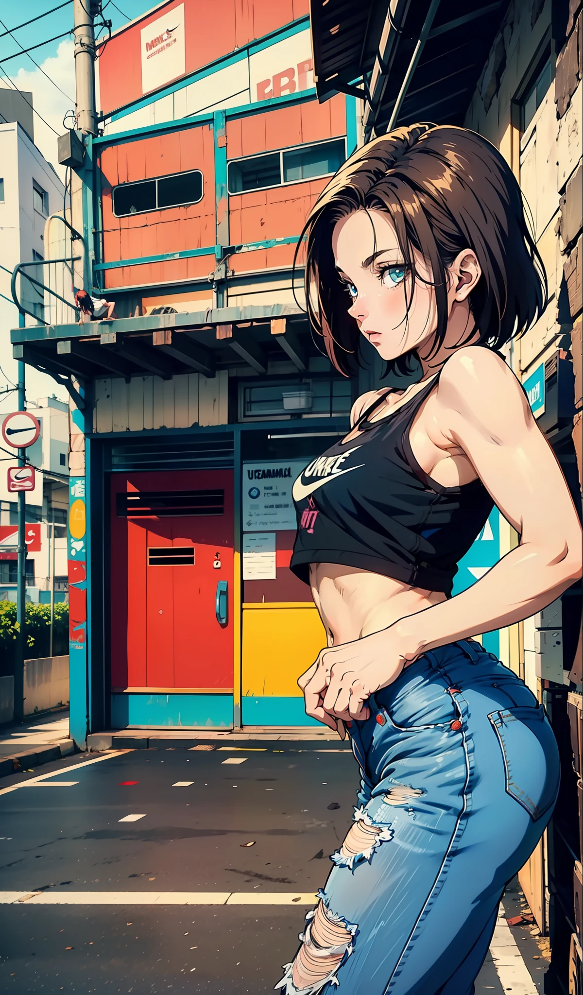 Android 18, muito sensual, com roupas de funkeira, brasileira, na cidade do rio de janeiro, Brasil, dancing funk, rebolando, bunda grande, pernas grossas, usando um short jeans extremamente curto, usando uma mini blusa, umbigo com pirsing, sneakers Nike, cabelo comprido, Speaker behind, corpo inteiro, muito realista, extremamente sexy, 8k, 8k extremamente detalhado), (um extremamente delicado e bonito), (obra-prima), (melhor qualidade: 1.0), (ultra highres:1.0)