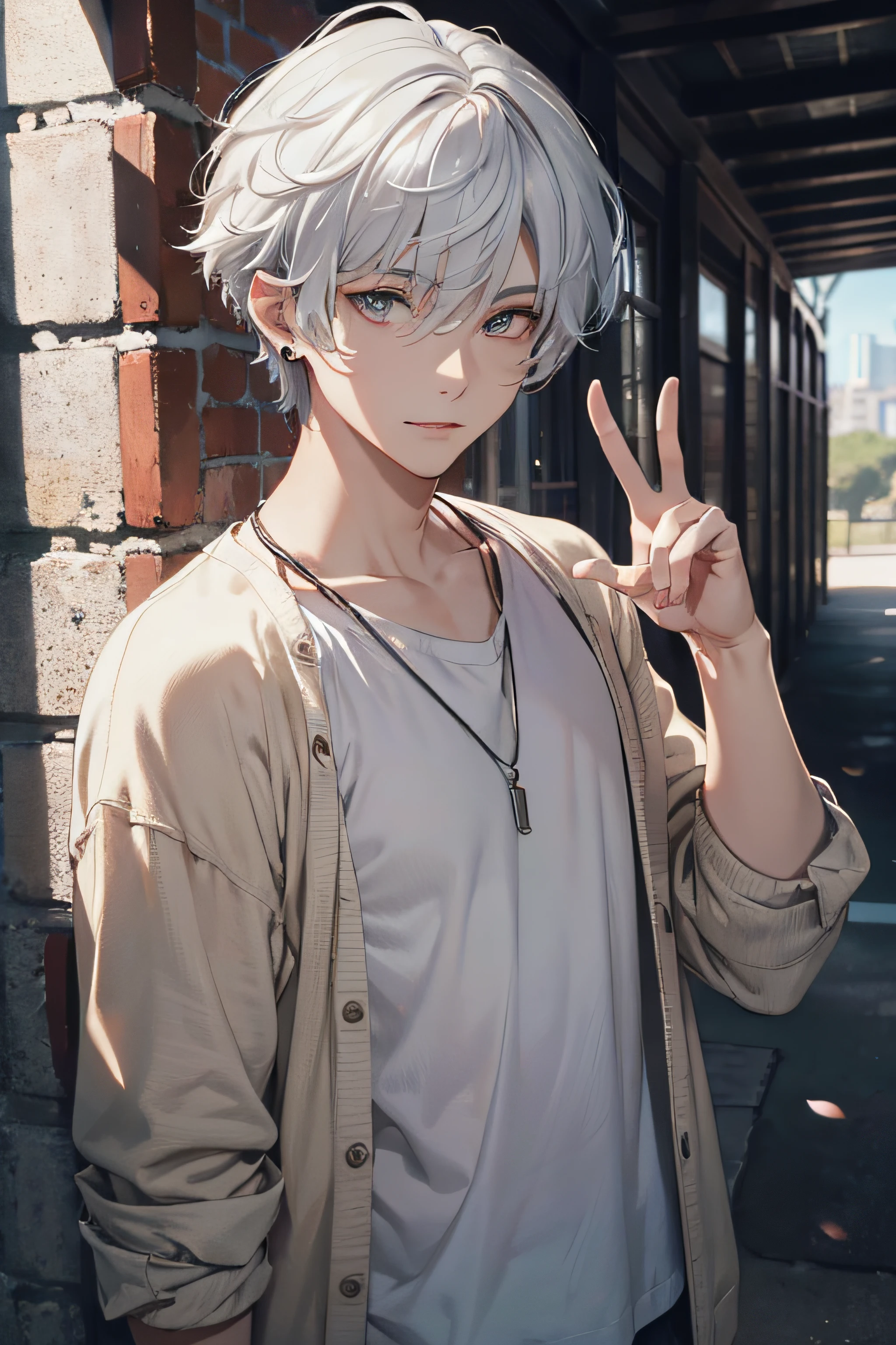 (absurdres, highres, ultra detailed, HDR), masterpiece, best quality, a boy, solo, handsome, short hair, white hair, finely eye and detailed face, casual clothes, real shadow, lift hand in peace sign, joyful, ear piecing,