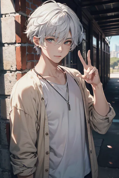 (absurdres, highres, ultra detailed, hdr), masterpiece, best quality, a boy, solo, handsome, short hair, white hair, finely eye ...