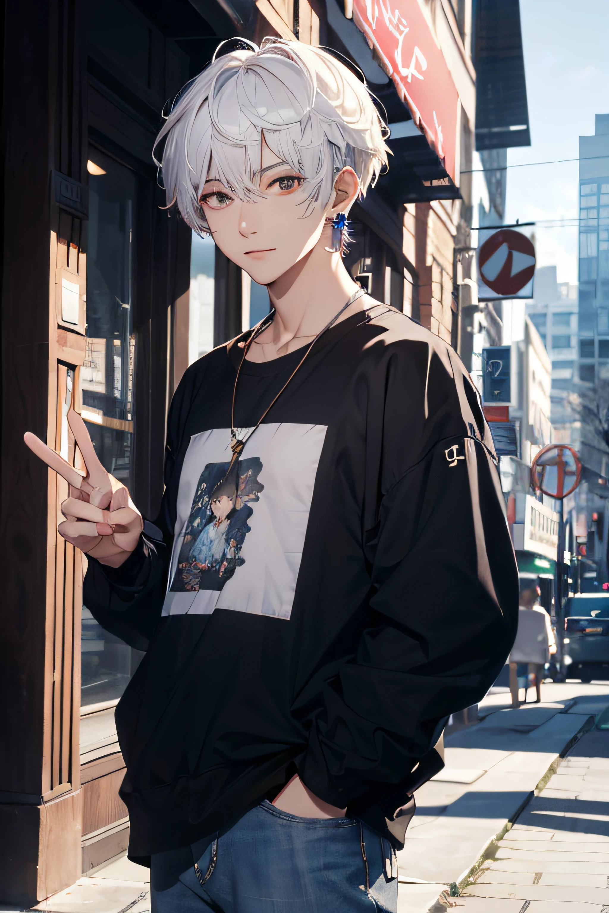 (absurdres, highres, ultra detailed, HDR), masterpiece, best quality, a boy, solo, handsome, short hair, white hair, finely eye and detailed face, casual clothes, real shadow, lift hand in peace sign, joyful, ear piecing,