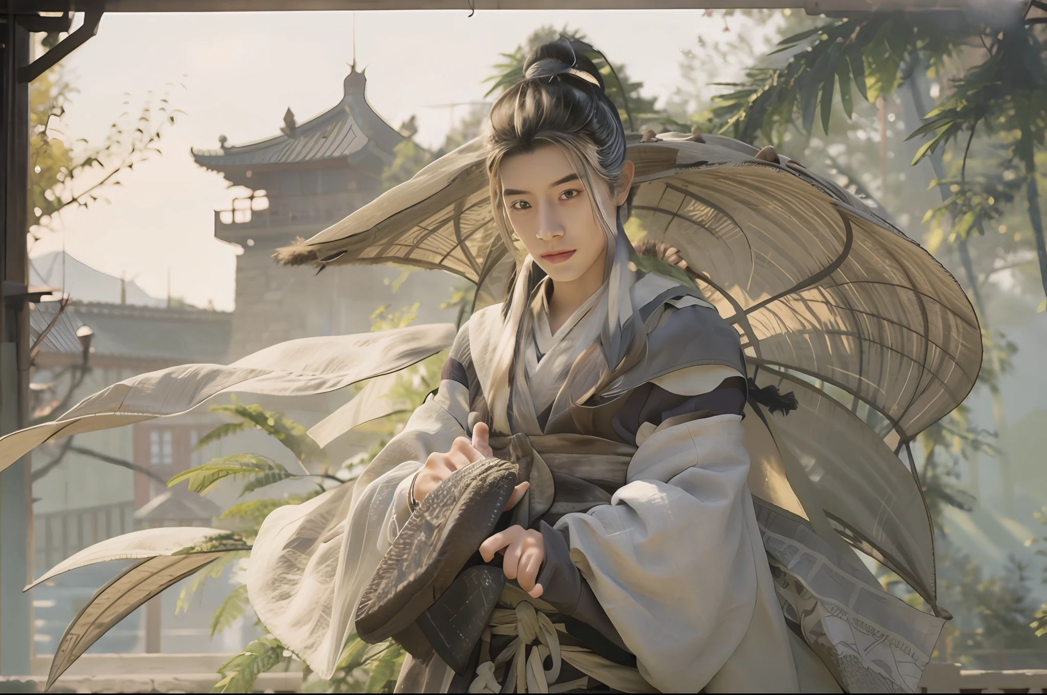 1. Handsome chivalrous man，Bunched hair，hair-bun，Playing the flute，Fluffy cotton coat, Fluffy cape, linen_clothes, Bamboo_Hat, yuki, Ancient Chinese fortress background, castle wall, （strong winds：1.5），Ultra-detailed face and eyes，16k，best qualtiy，bokeh，softlighting，Natural lighting，