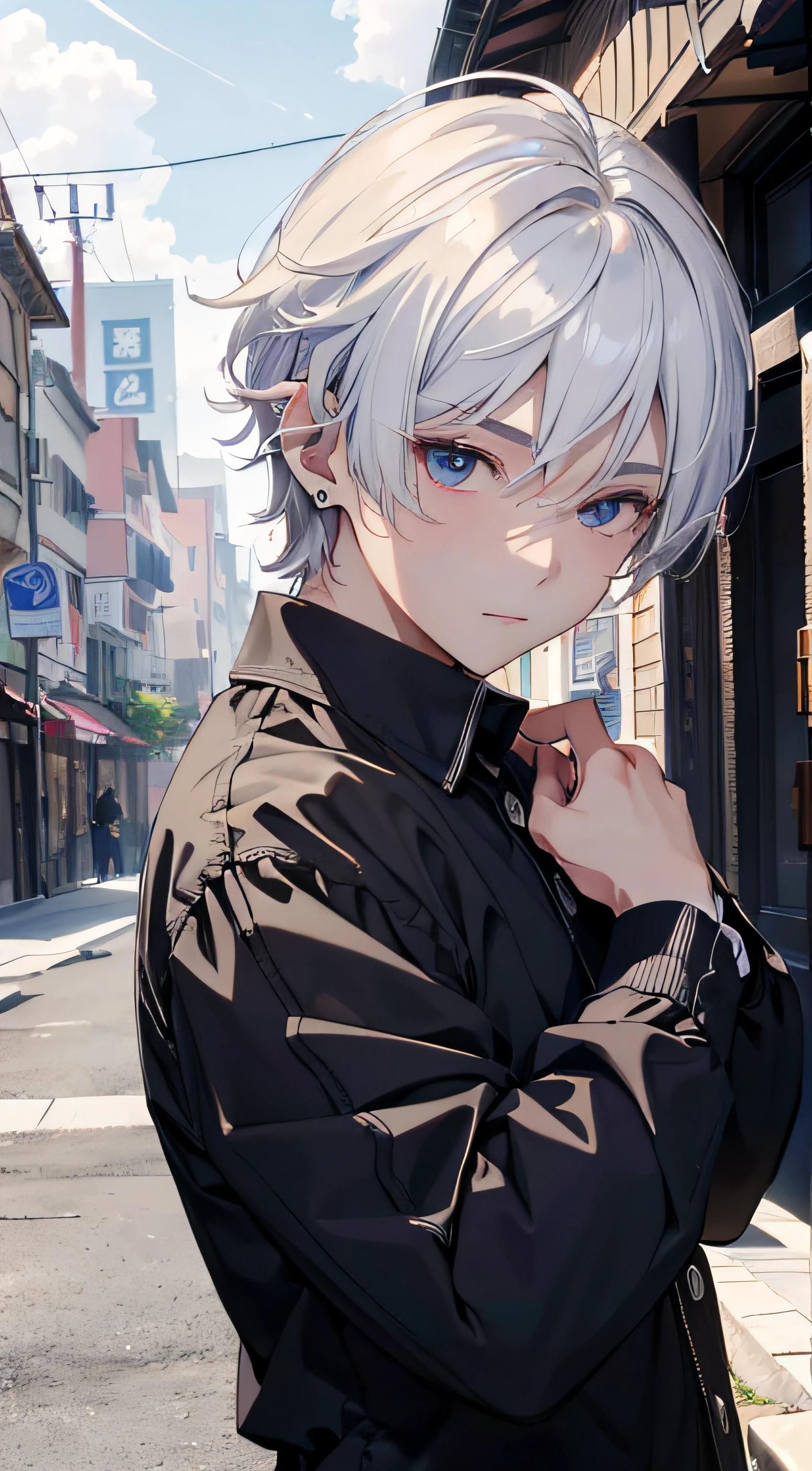 (absurderes、hight resolution、ultra-detailliert、HDR)、​masterpiece、top-quality、male child、独奏、a handsome、shorth hair、white  hair、finely eye and detailed face、Casual clothing、Real Shadows、joy、Connecting ears、