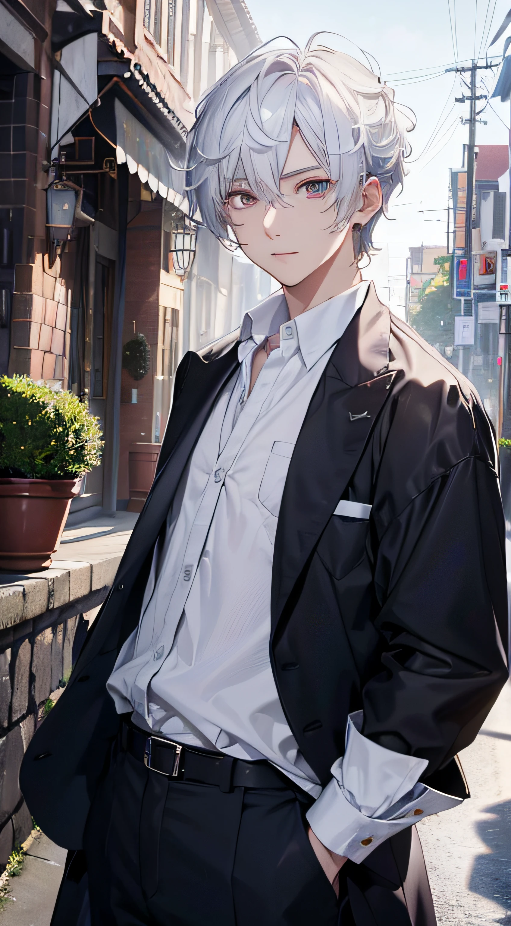 (absurderes、hight resolution、ultra-detailliert、HDR)、​masterpiece、top-quality、male child、独奏、a handsome、shorth hair、white  hair、finely eye and detailed face、Casual clothing、Real Shadows、joy、Connecting ears、